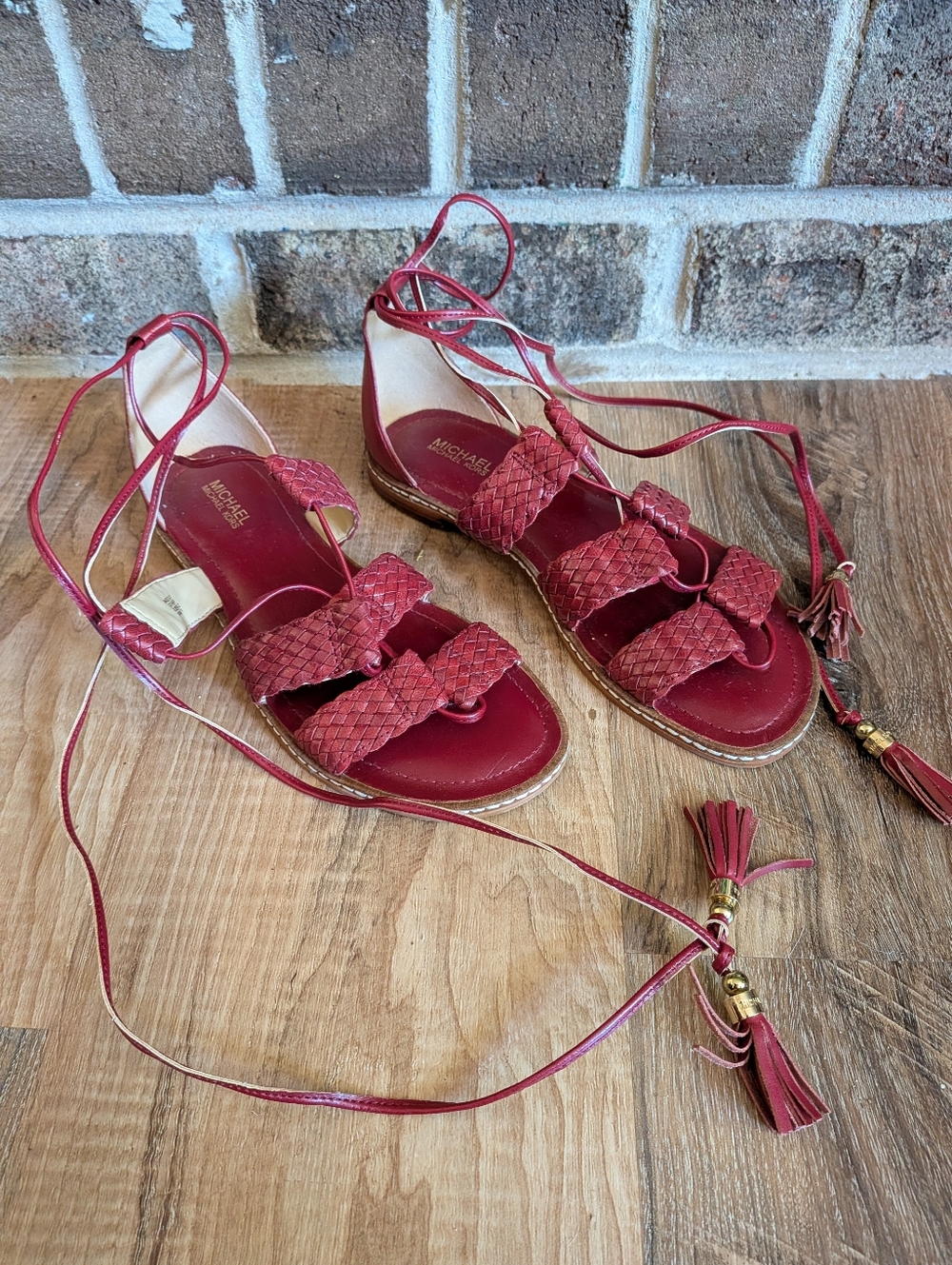 Michael Kors Women's Red Woven Lace-Up Gladiator Sandals